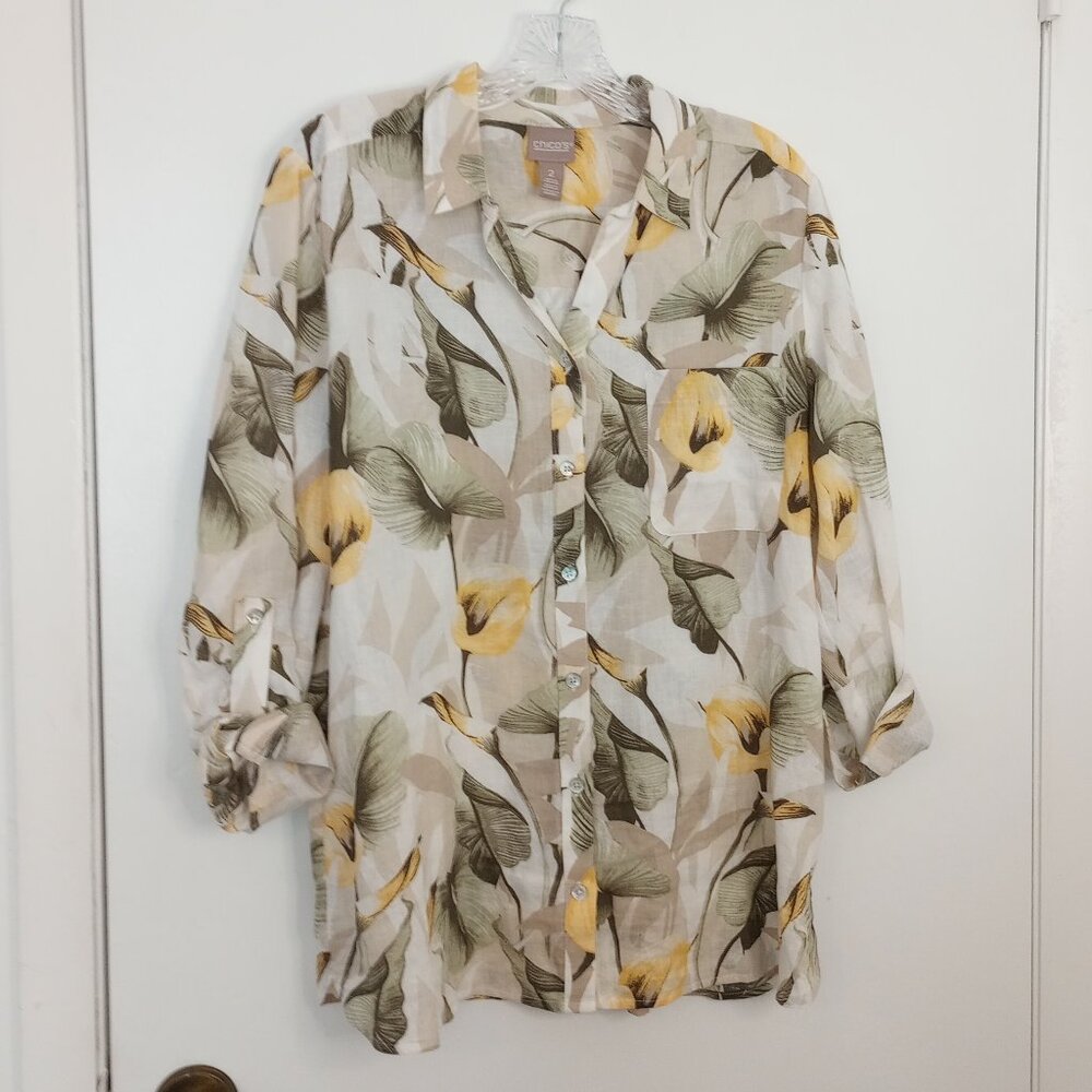 Chico's Modern Callas Print Linen-Blend Button Front Shirt Sz 2